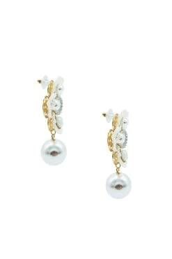 Averie White Flower Pearl Earrings -Highend Dresses 409